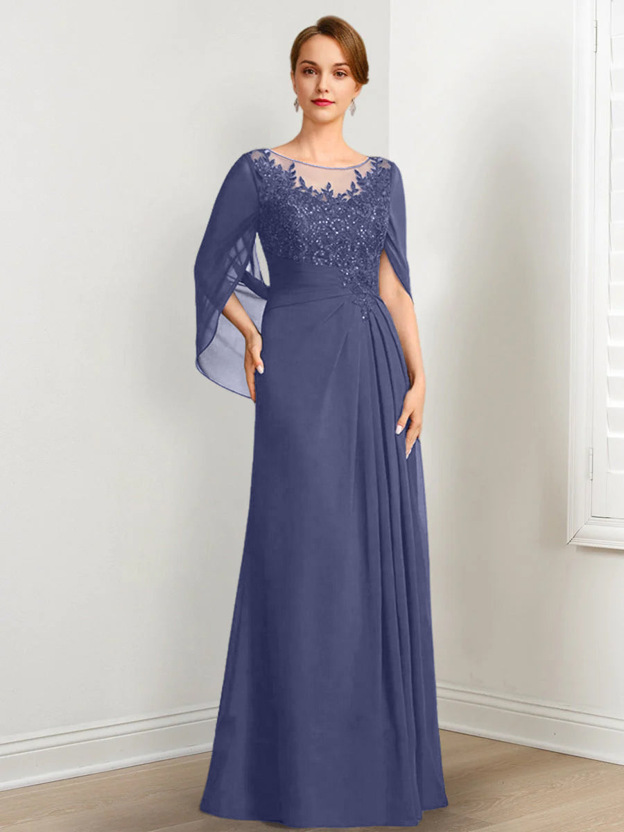 Vestidos de madre de la novia de corte A/princesa, largo hasta el suelo, con escote redondo, plisados y lentejuelas