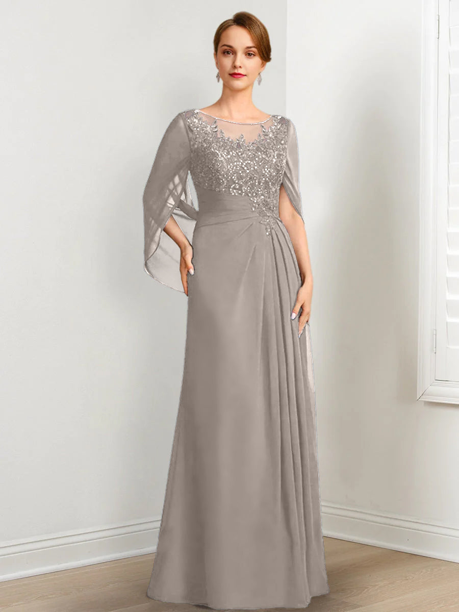 Vestidos de madre de la novia de corte A/princesa, largo hasta el suelo, con escote redondo, plisados y lentejuelas