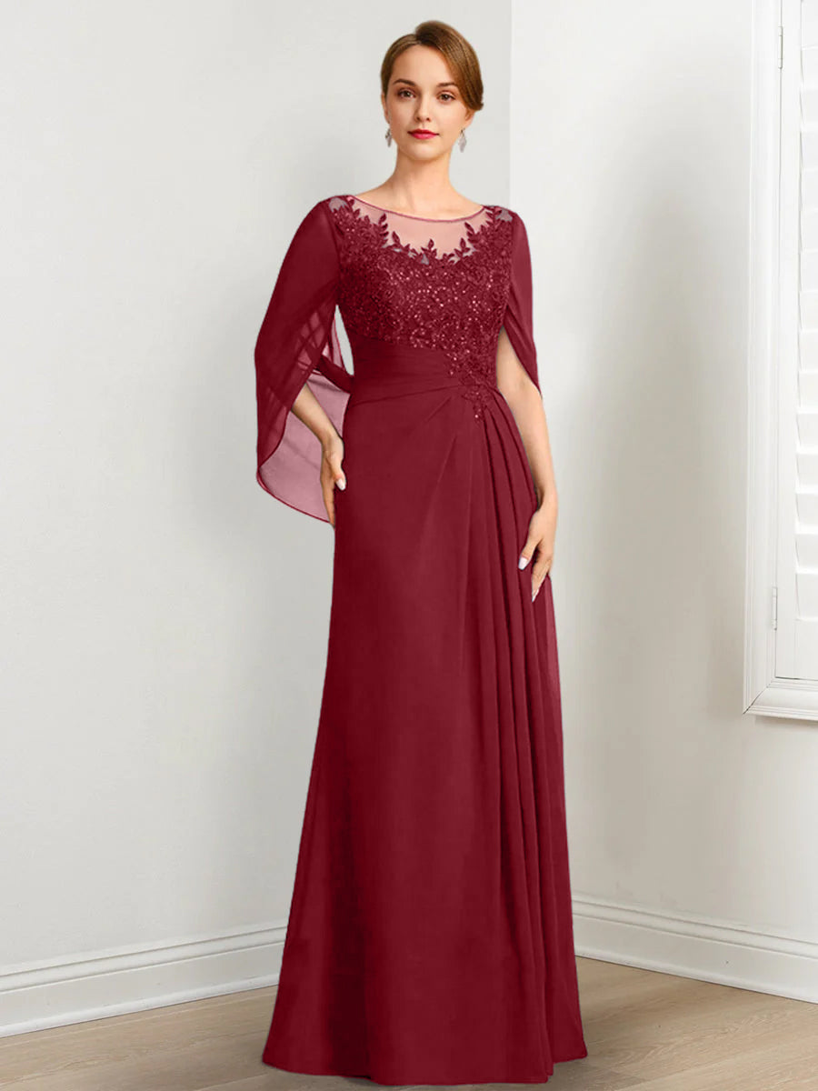 Vestidos de madre de la novia de corte A/princesa, largo hasta el suelo, con escote redondo, plisados y lentejuelas