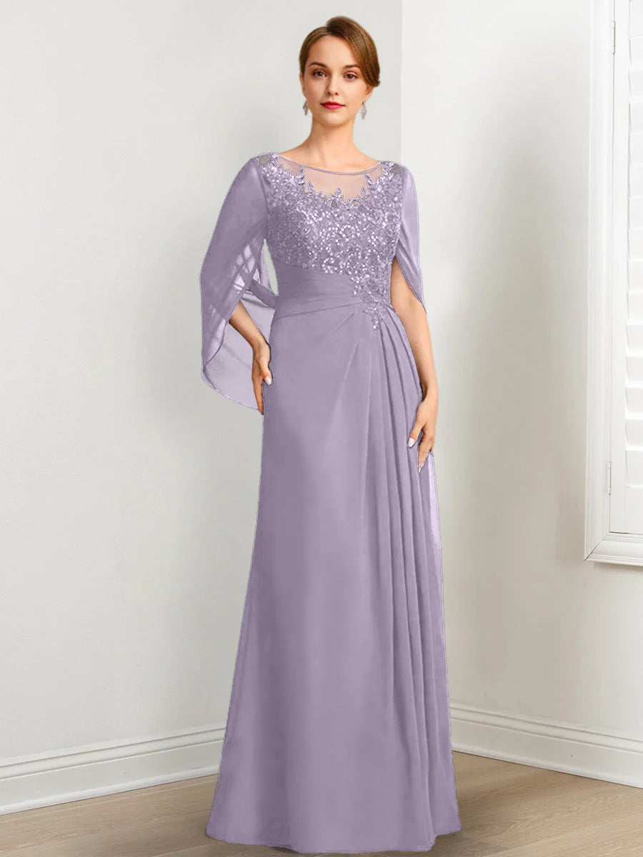 Vestidos de madre de la novia de corte A/princesa, largo hasta el suelo, con escote redondo, plisados y lentejuelas