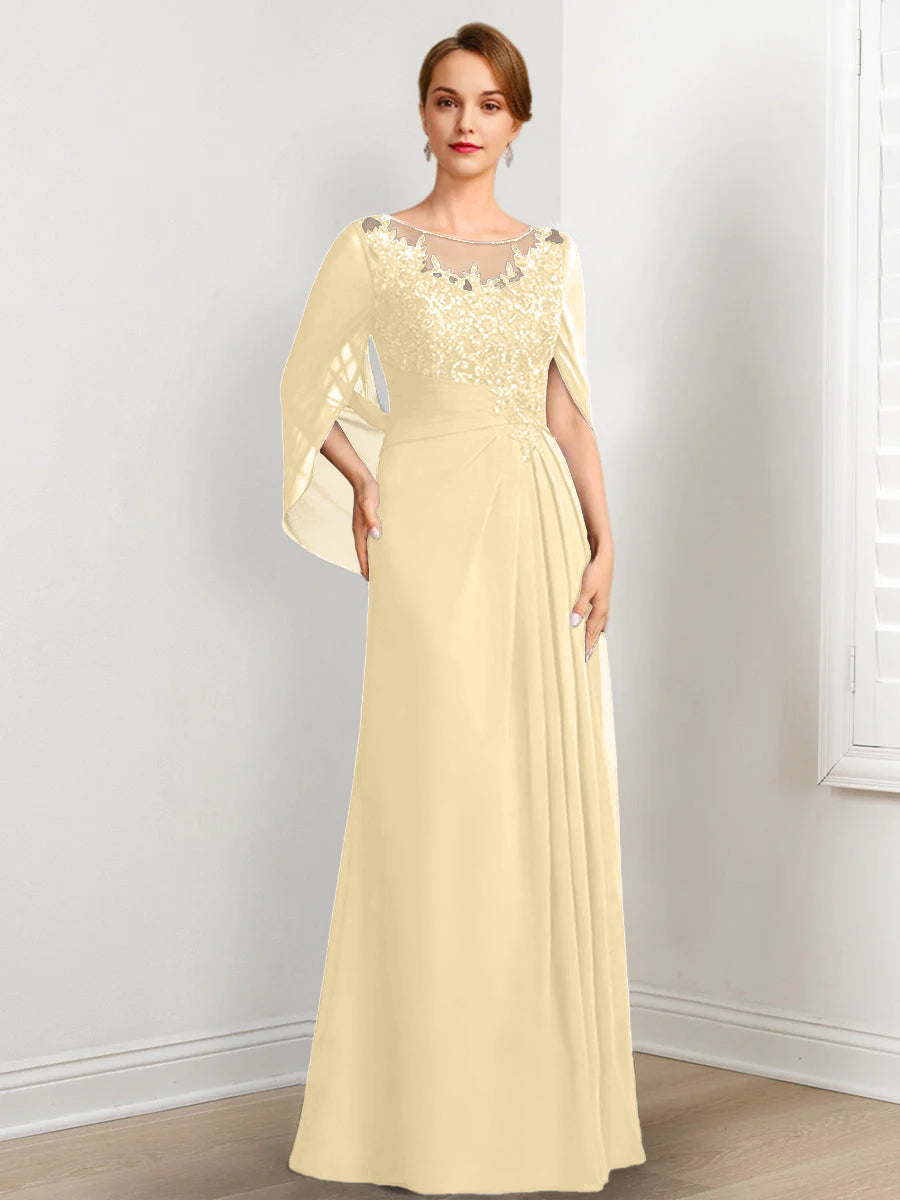 Vestidos de madre de la novia de corte A/princesa, largo hasta el suelo, con escote redondo, plisados y lentejuelas
