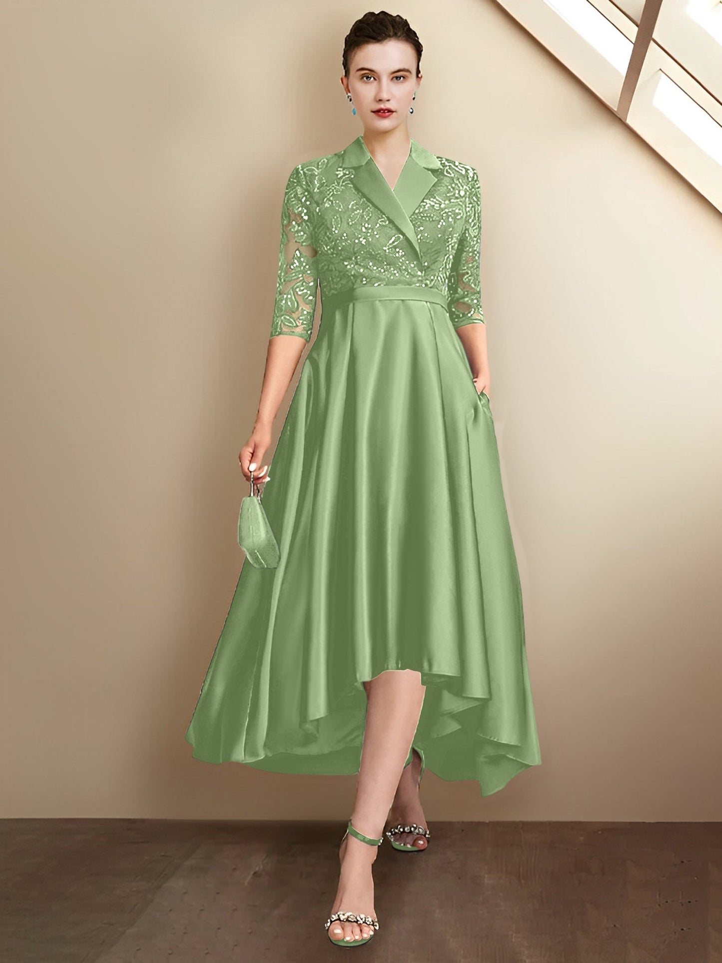 Etui-Linie V-Ausschnitt Wadenlang Brautmutterkleider