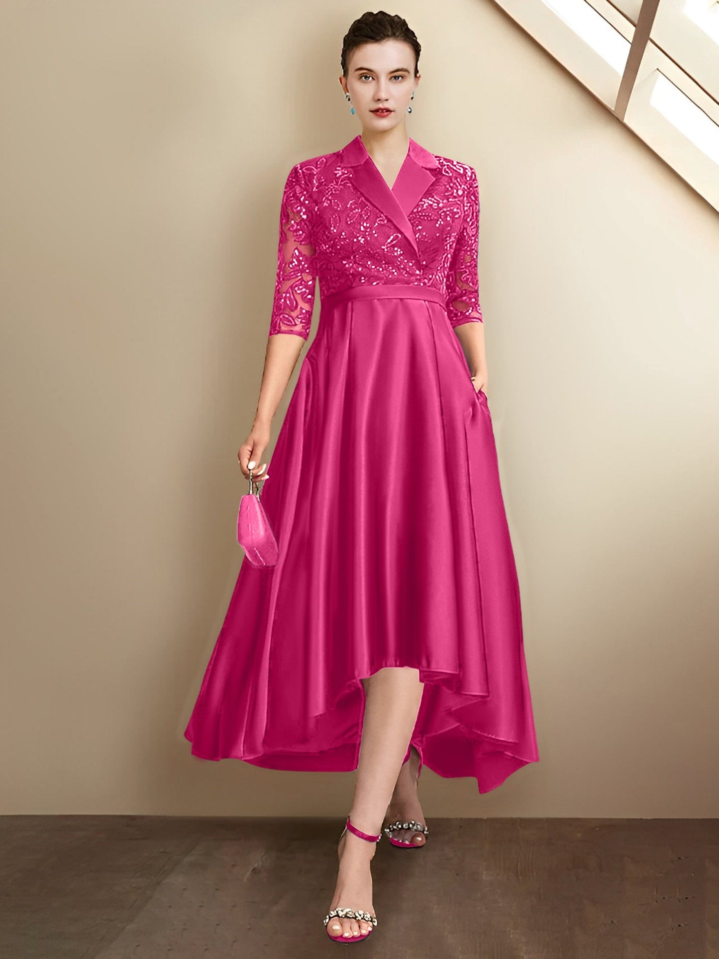 Etui-Linie V-Ausschnitt Wadenlang Brautmutterkleider