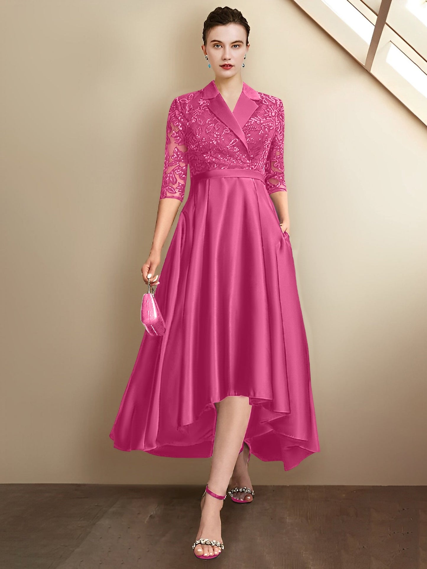 Etui-Linie V-Ausschnitt Wadenlang Brautmutterkleider