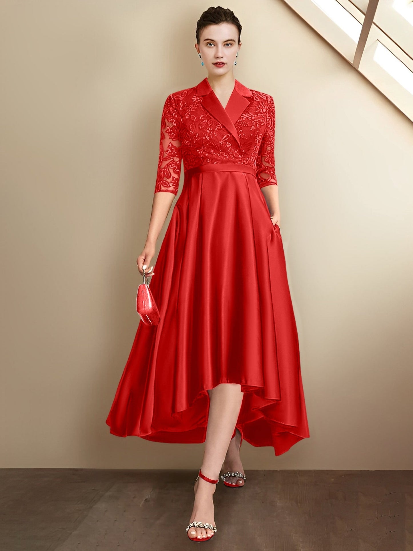 Etui-Linie V-Ausschnitt Wadenlang Brautmutterkleider