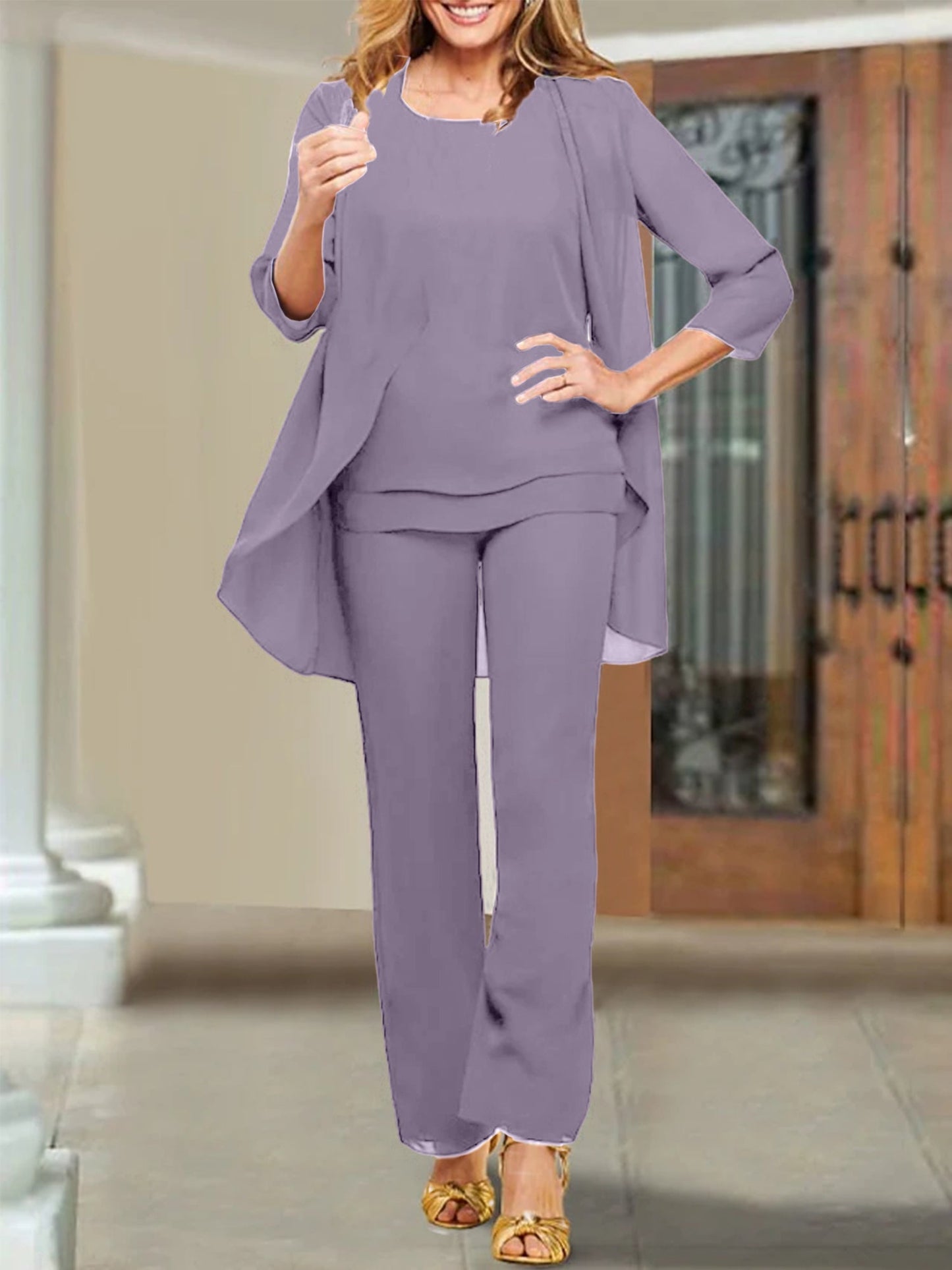 Chiffon-Hosenanzüge mit U-Ausschnitt für die Mutter der Braut