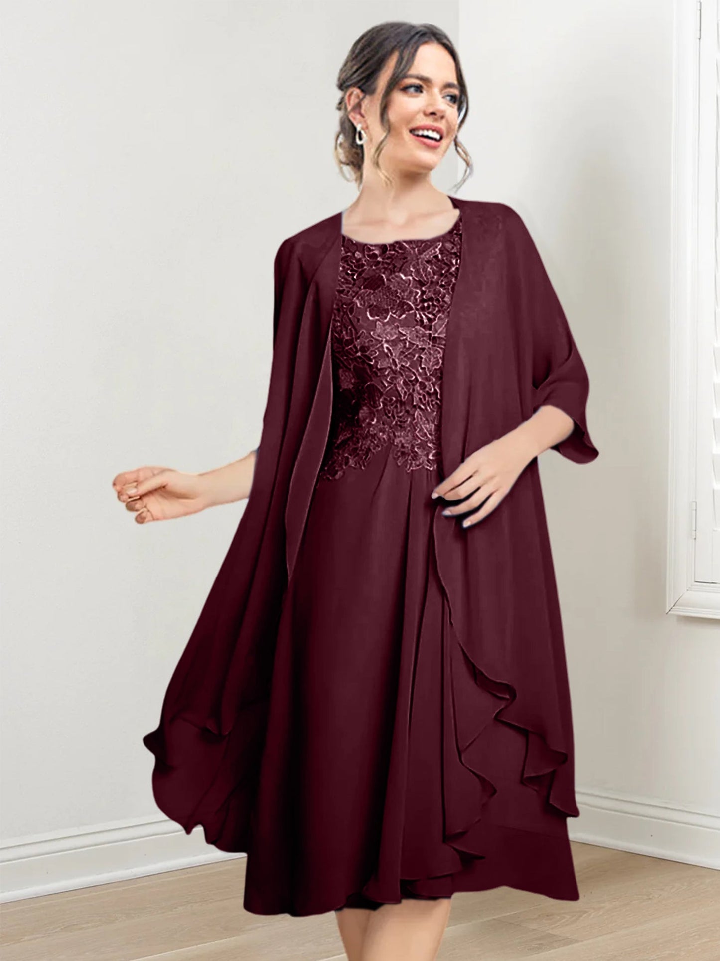 Vestidos de madre de la novia de corte A/princesa con escote redondo y largo hasta la rodilla