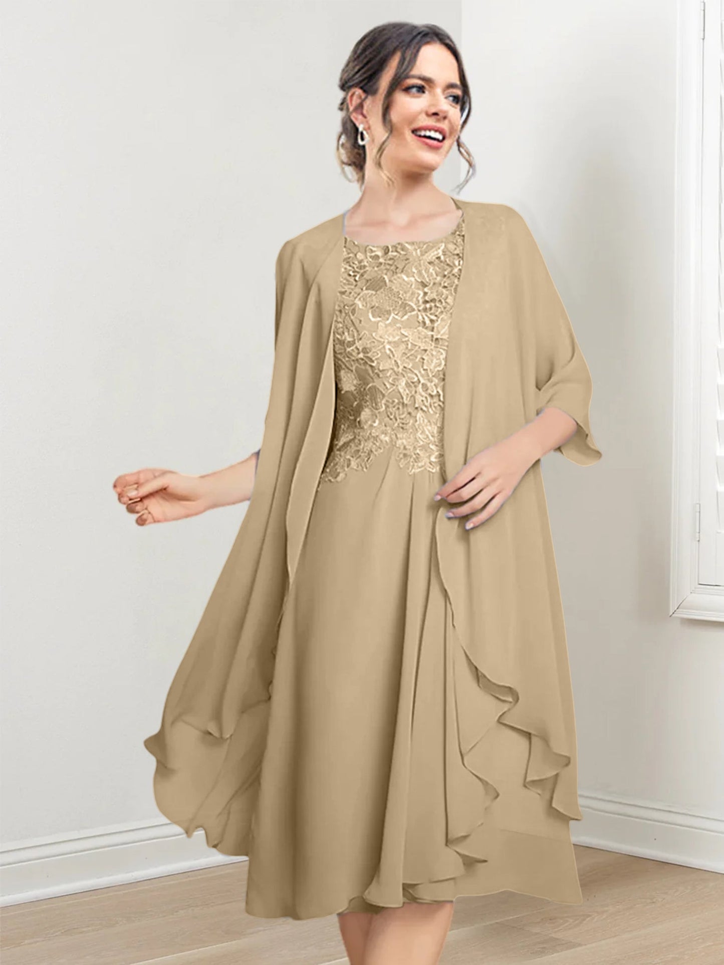 Vestidos de madre de la novia de corte A/princesa con escote redondo y largo hasta la rodilla