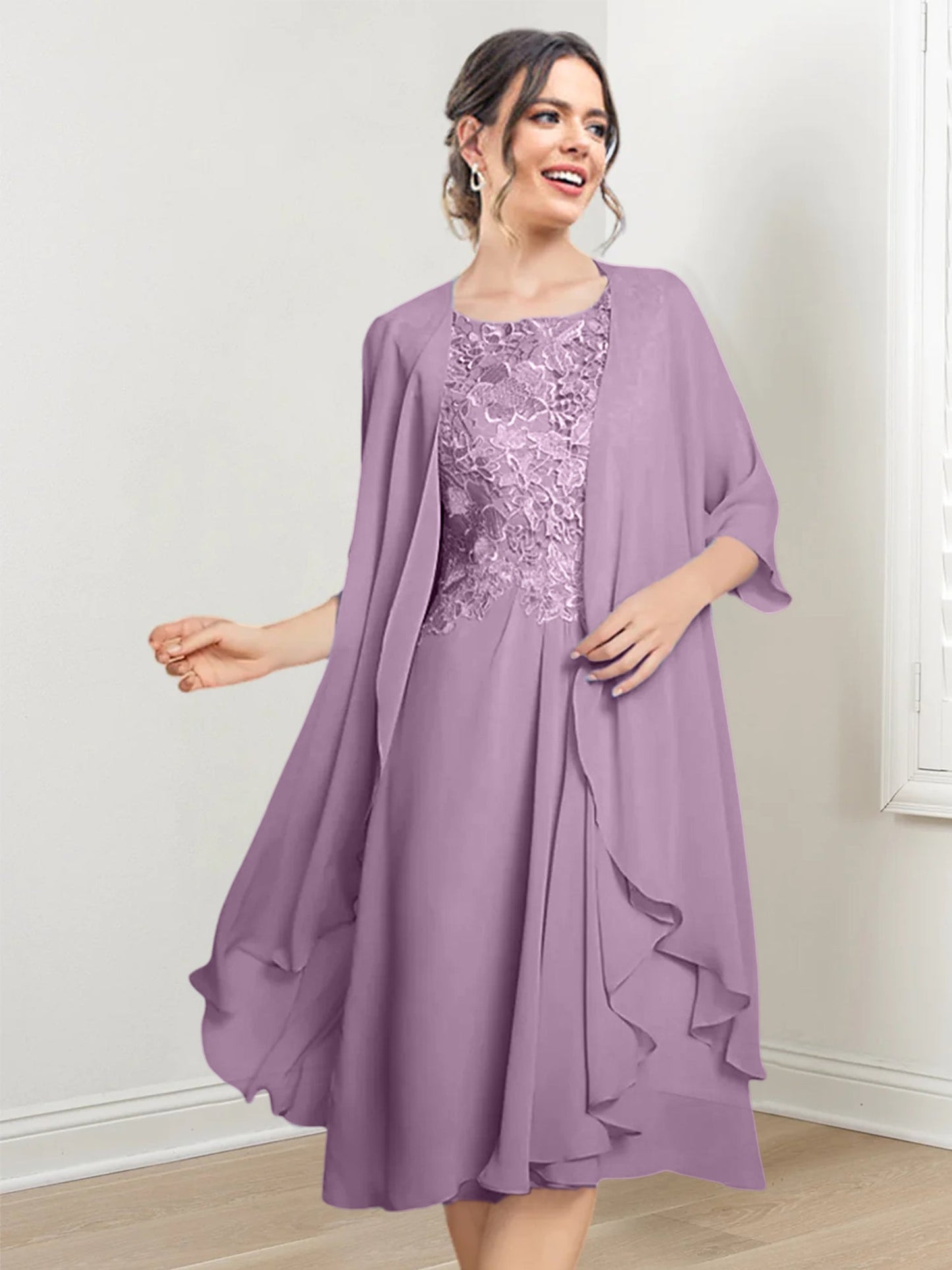 Vestidos de madre de la novia de corte A/princesa con escote redondo y largo hasta la rodilla
