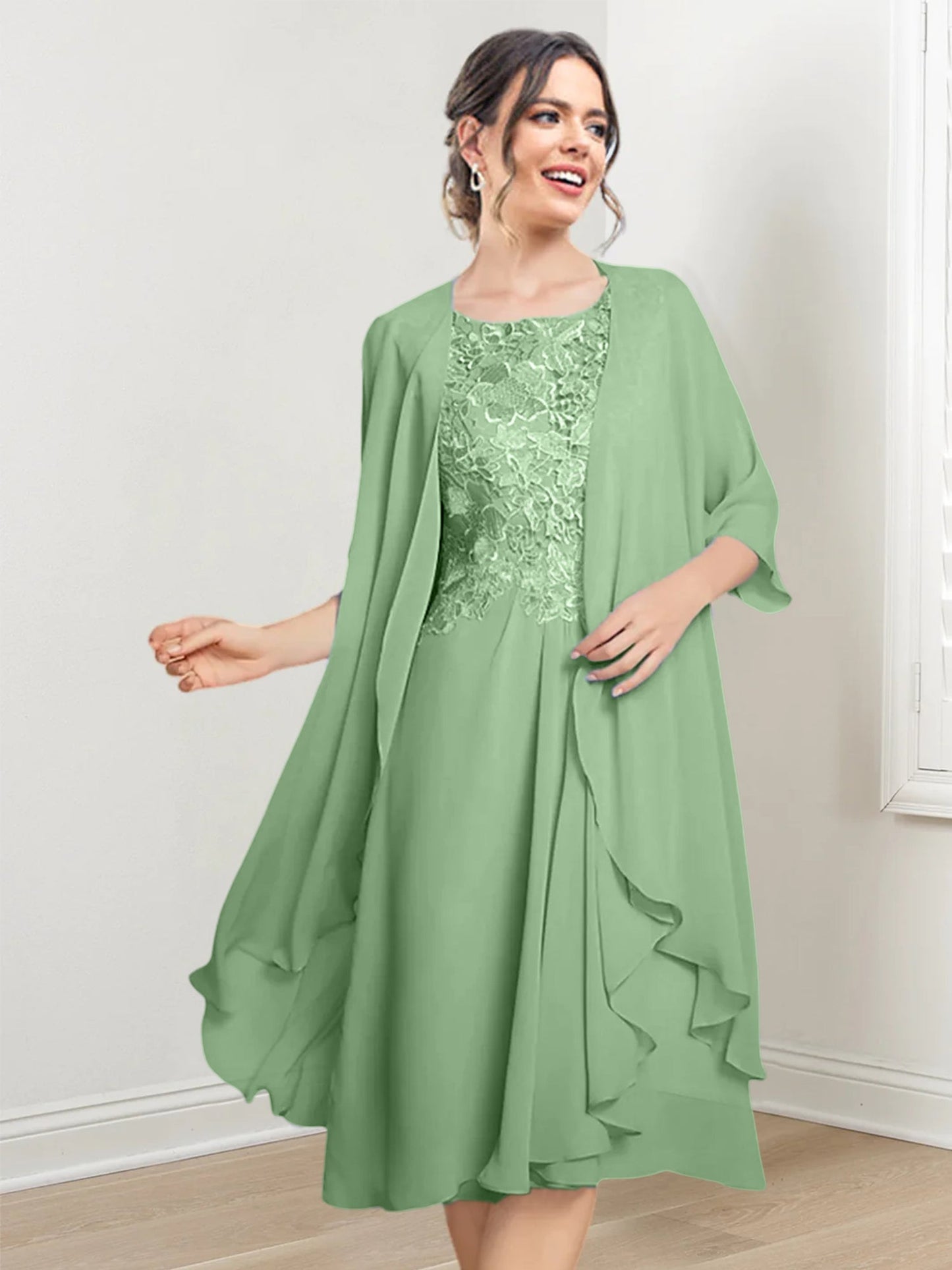 Vestidos de madre de la novia de corte A/princesa con escote redondo y largo hasta la rodilla