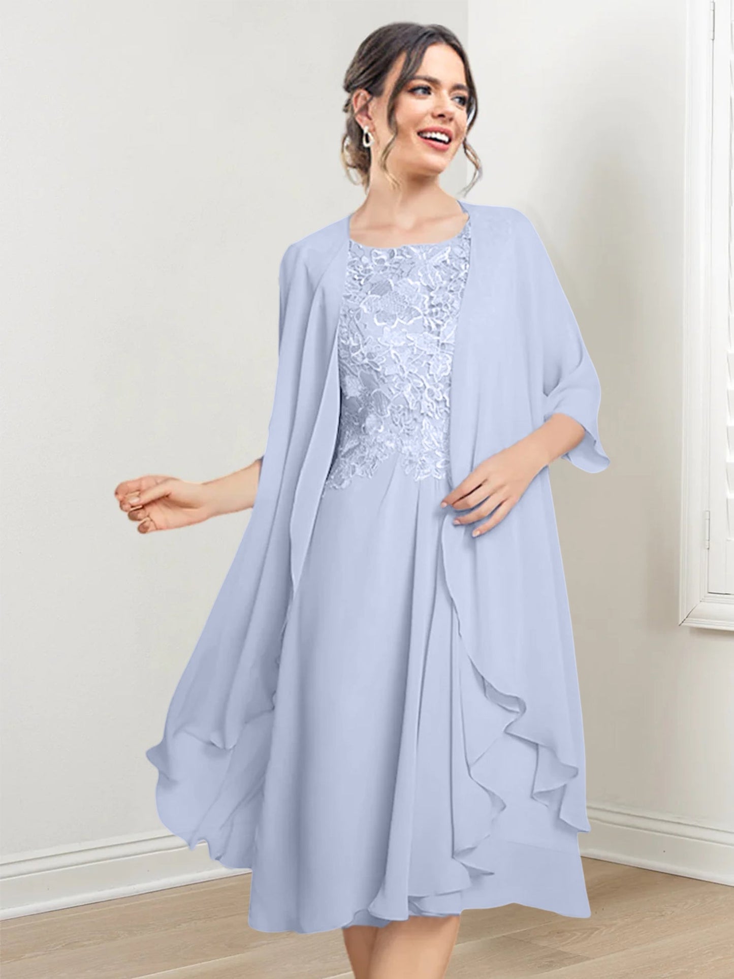 Vestidos de madre de la novia de corte A/princesa con escote redondo y largo hasta la rodilla