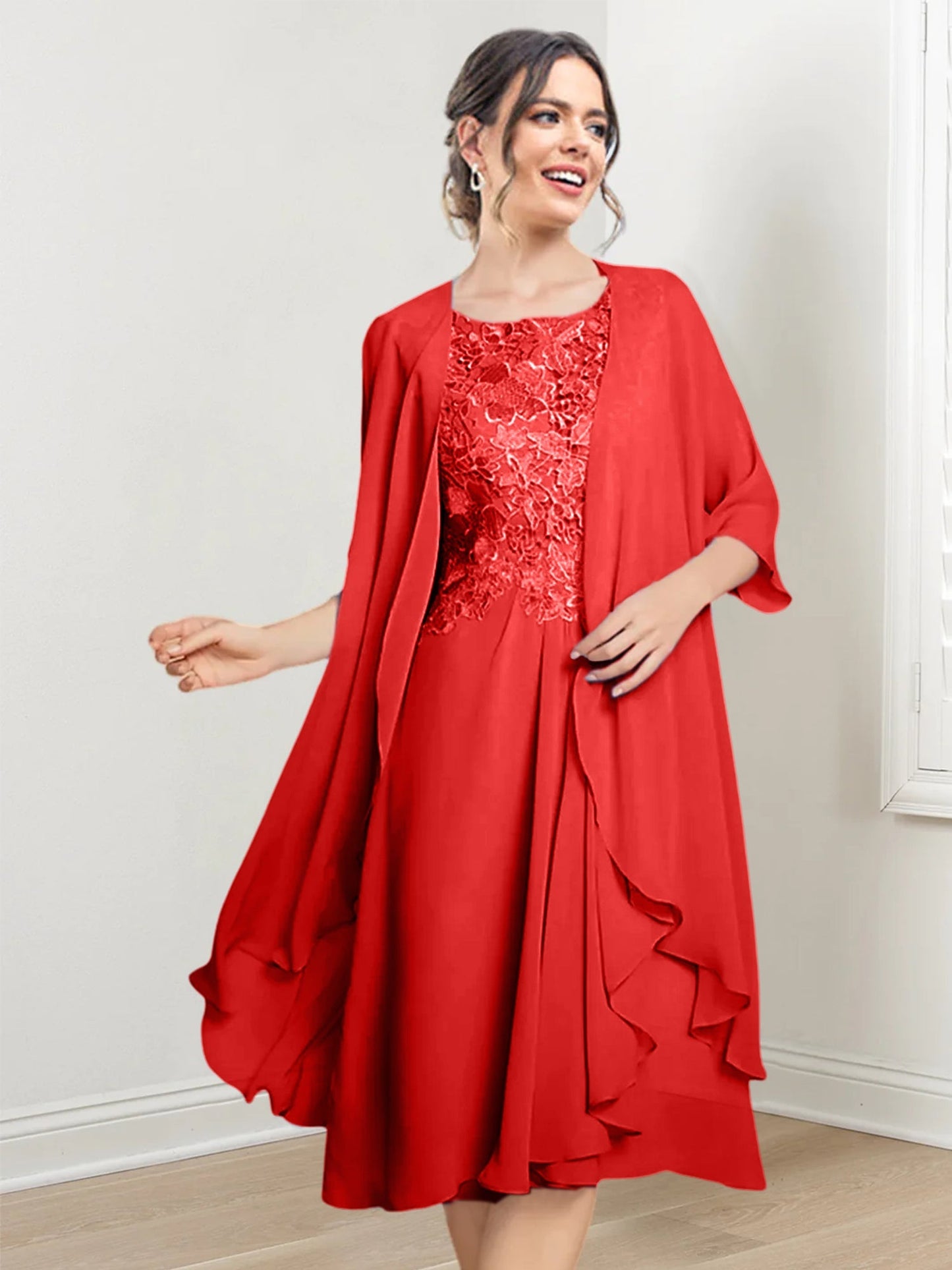 Vestidos de madre de la novia de corte A/princesa con escote redondo y largo hasta la rodilla