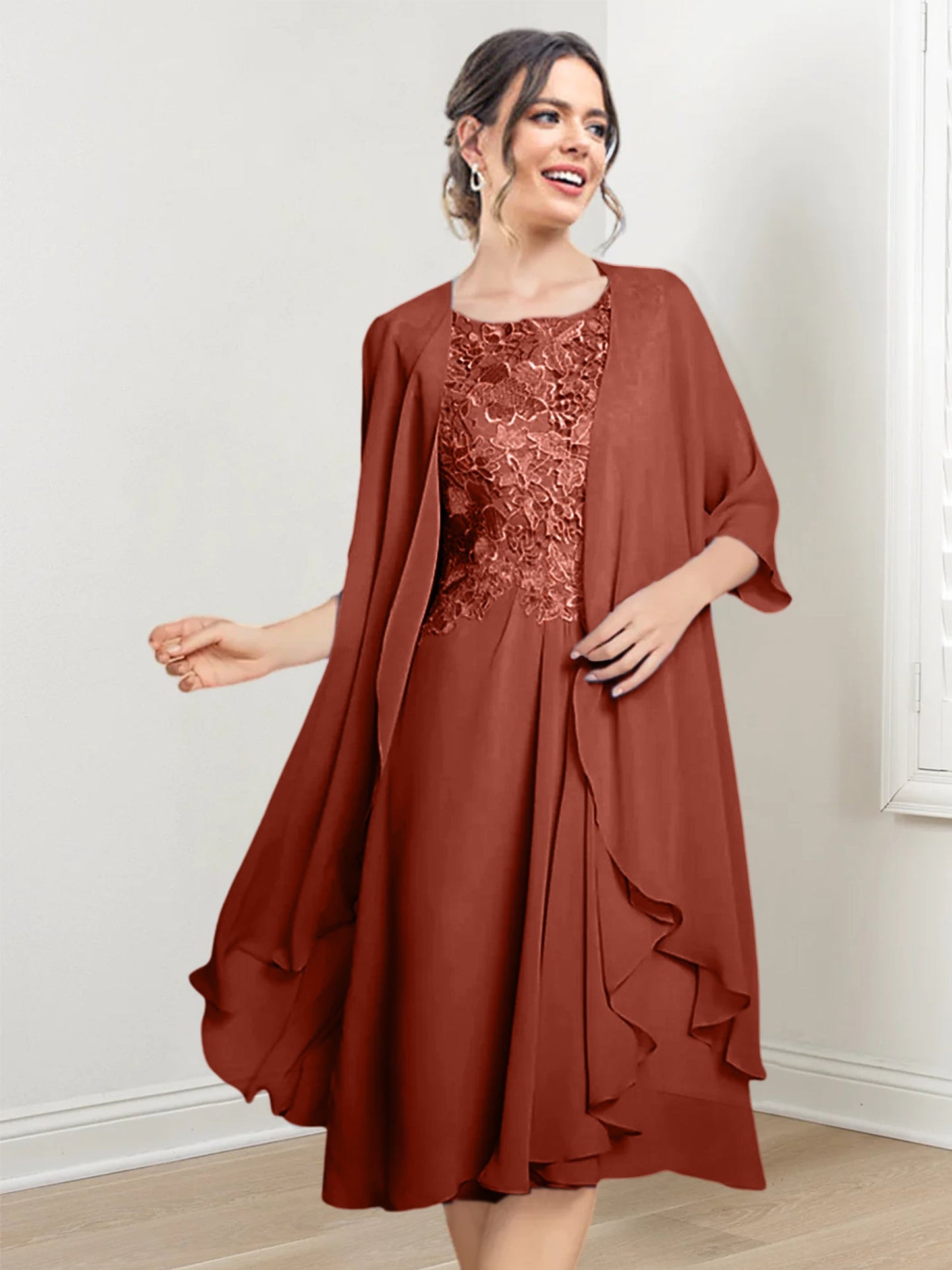 Vestidos de madre de la novia de corte A/princesa con escote redondo y largo hasta la rodilla