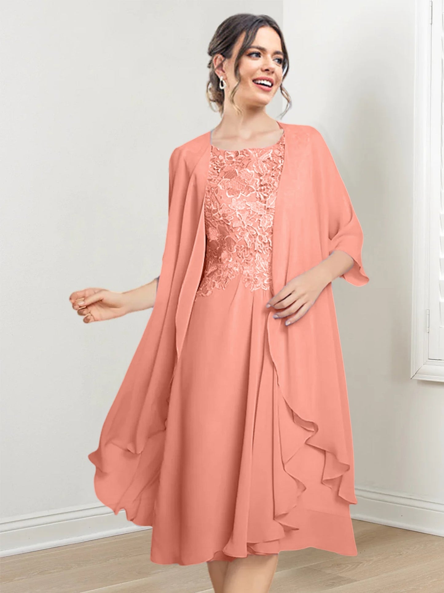 Vestidos de madre de la novia de corte A/princesa con escote redondo y largo hasta la rodilla