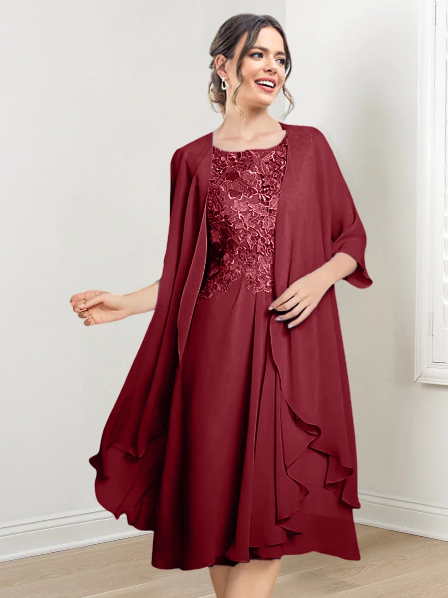 Vestidos de madre de la novia de corte A/princesa con escote redondo y largo hasta la rodilla