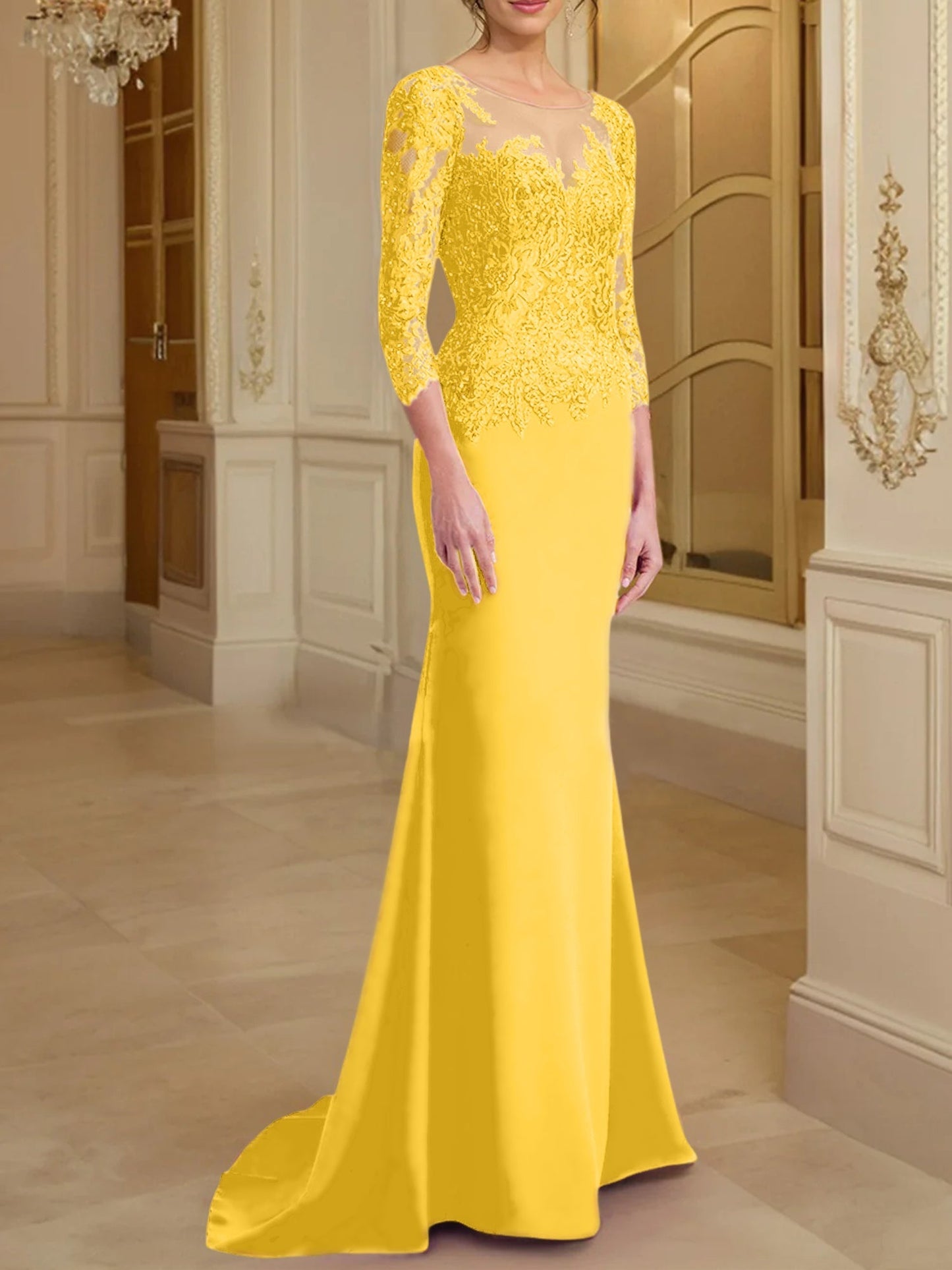 Trompete/Meerjungfrau-Linie U-Ausschnitt Lange Ärmel Kleider für die Brautmutter mit Spitze