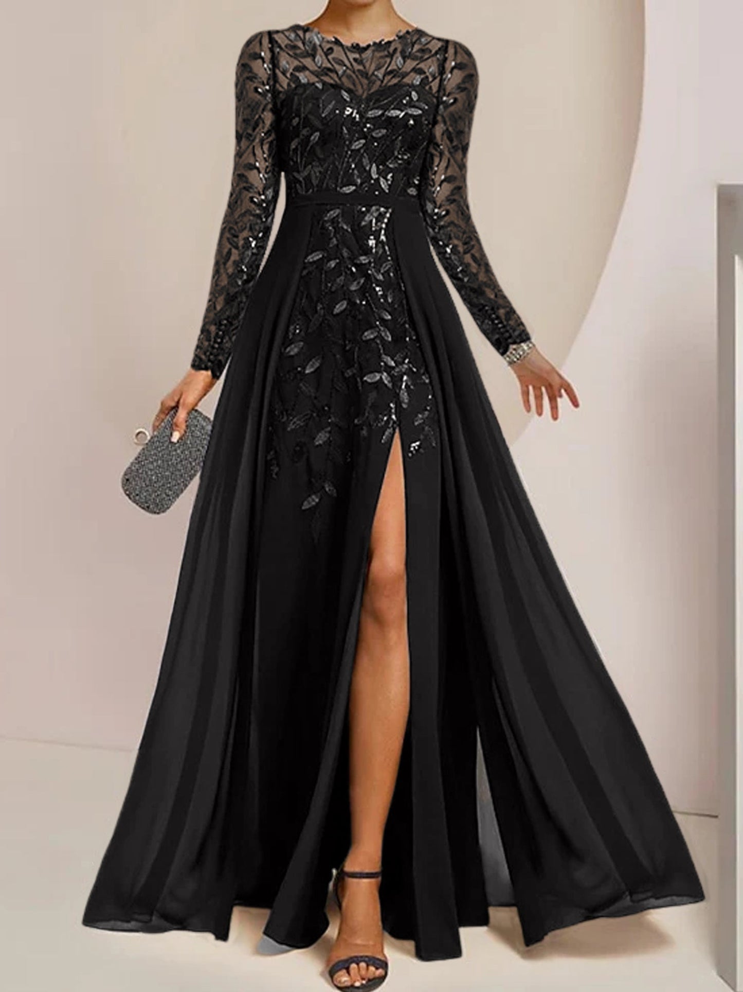 Vestidos de madre de la novia de corte A/princesa, largo hasta el suelo, con volantes laterales abiertos y lentejuelas