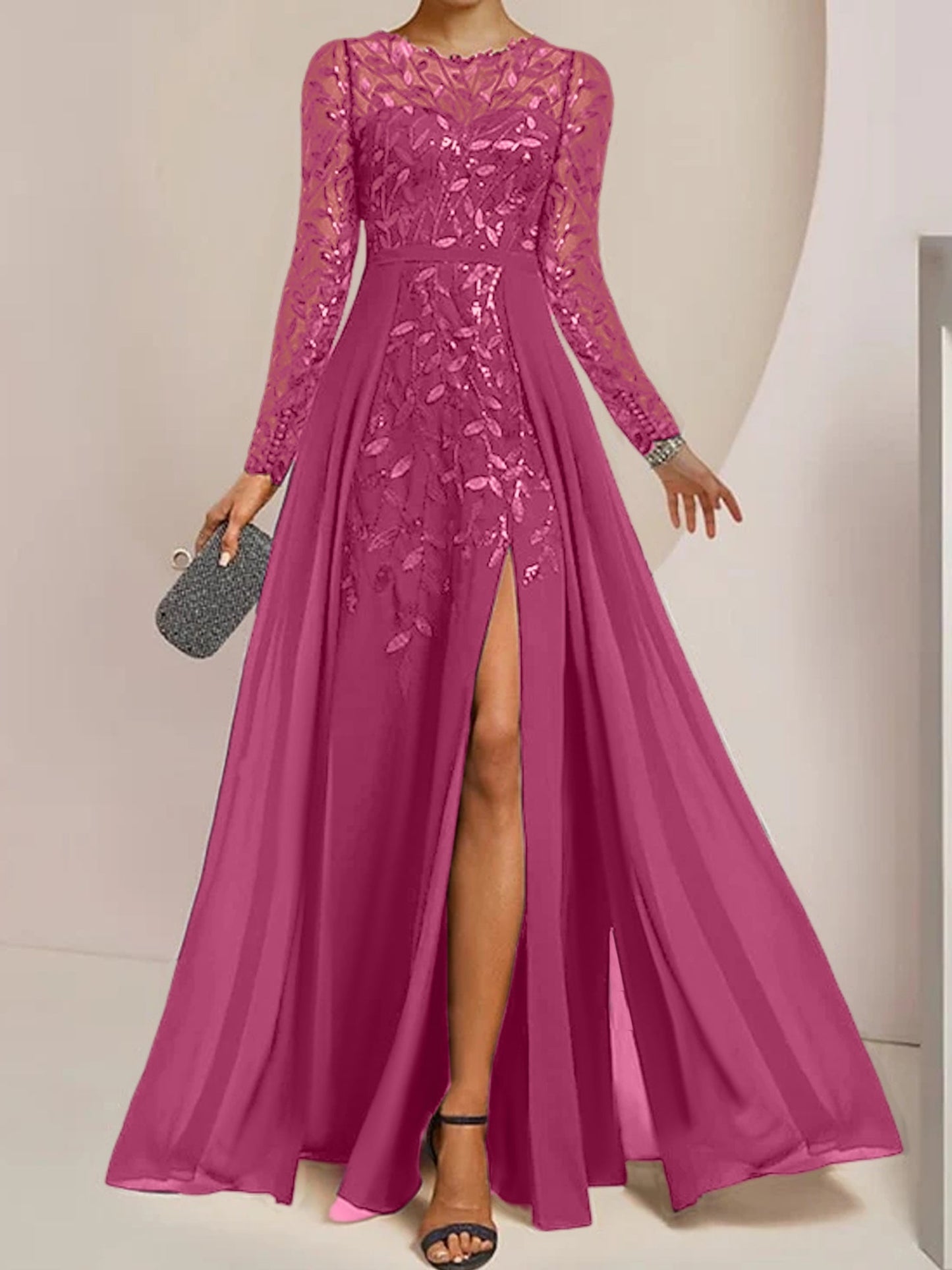 Vestidos de madre de la novia de corte A/princesa, largo hasta el suelo, con volantes laterales abiertos y lentejuelas