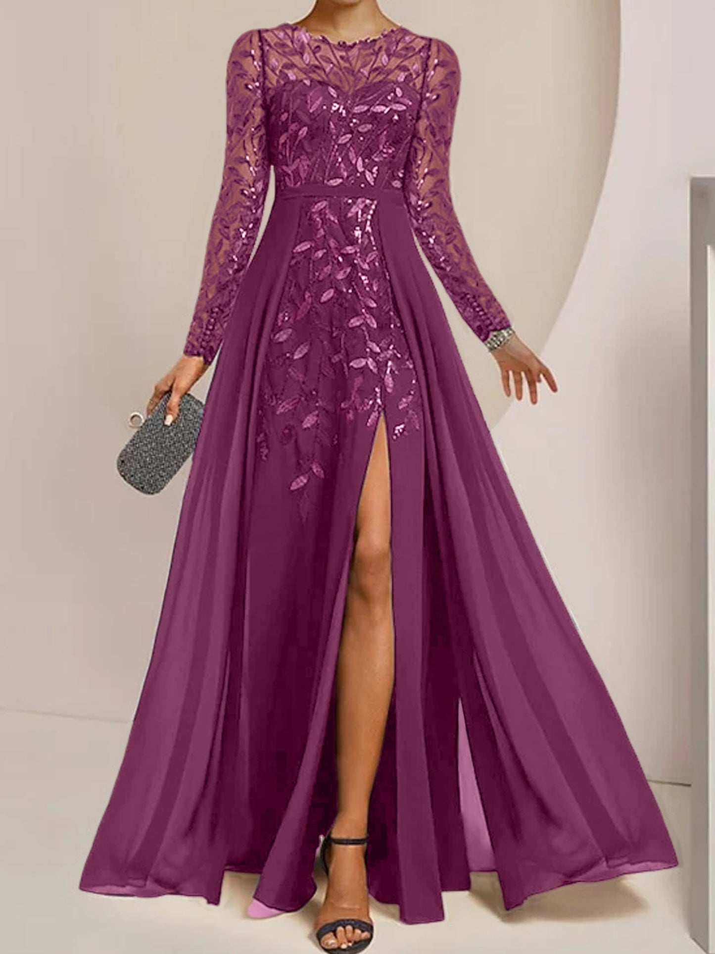 Vestidos de madre de la novia de corte A/princesa, largo hasta el suelo, con volantes laterales abiertos y lentejuelas