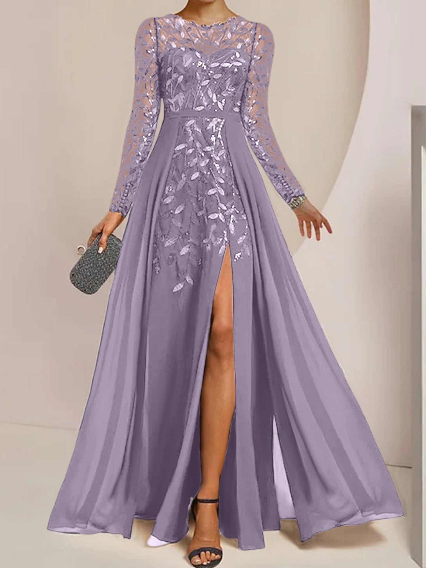 Vestidos de madre de la novia de corte A/princesa, largo hasta el suelo, con volantes laterales abiertos y lentejuelas