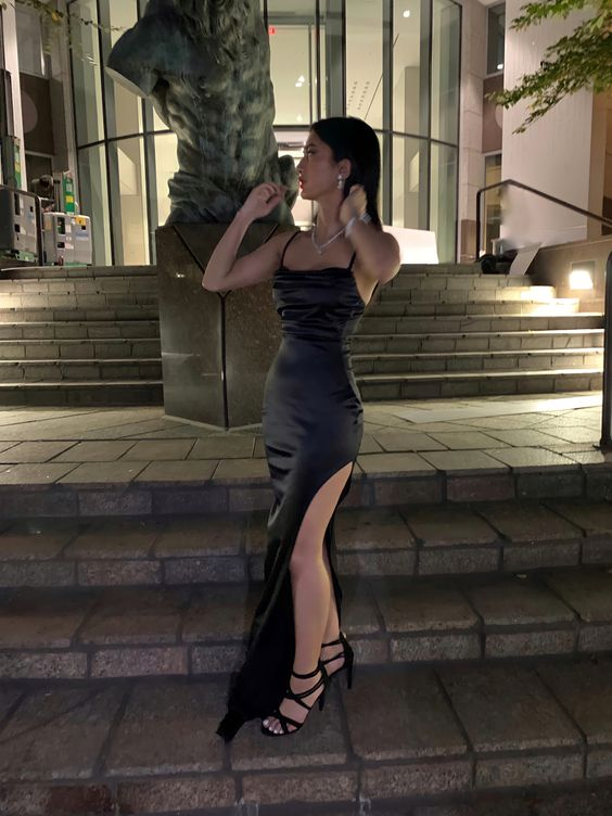 Vestido de noche negro con tirantes finos, vestido de fiesta sexy Y427