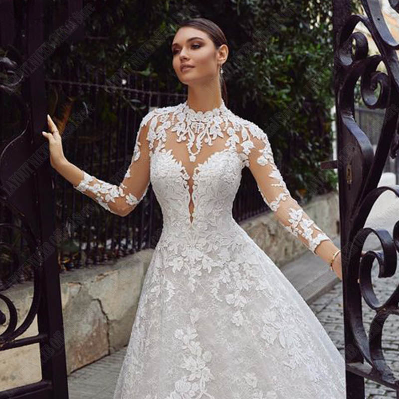 Wedding Dresses For Bride Long Sleeves Luxury Lace Backless High Neck Bridal Gown Appliques Vestidos De Boda-payinti