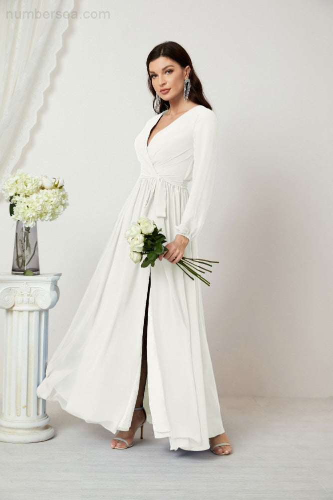 Sunnderly Abendkleider, tiefer V-Ausschnitt, Chiffon, Brautjungfernkleider, lange Bischofsärmel, seitlicher Schlitz, formelles Kleid, SY2806