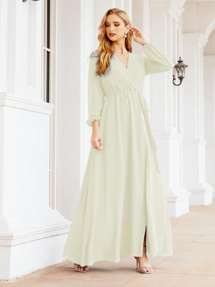 Sunnderly Women's Chiffon Bridesmaid Dress A line Long Sleeves Formal Evening Prom Gown for Wedding Guest SY28032