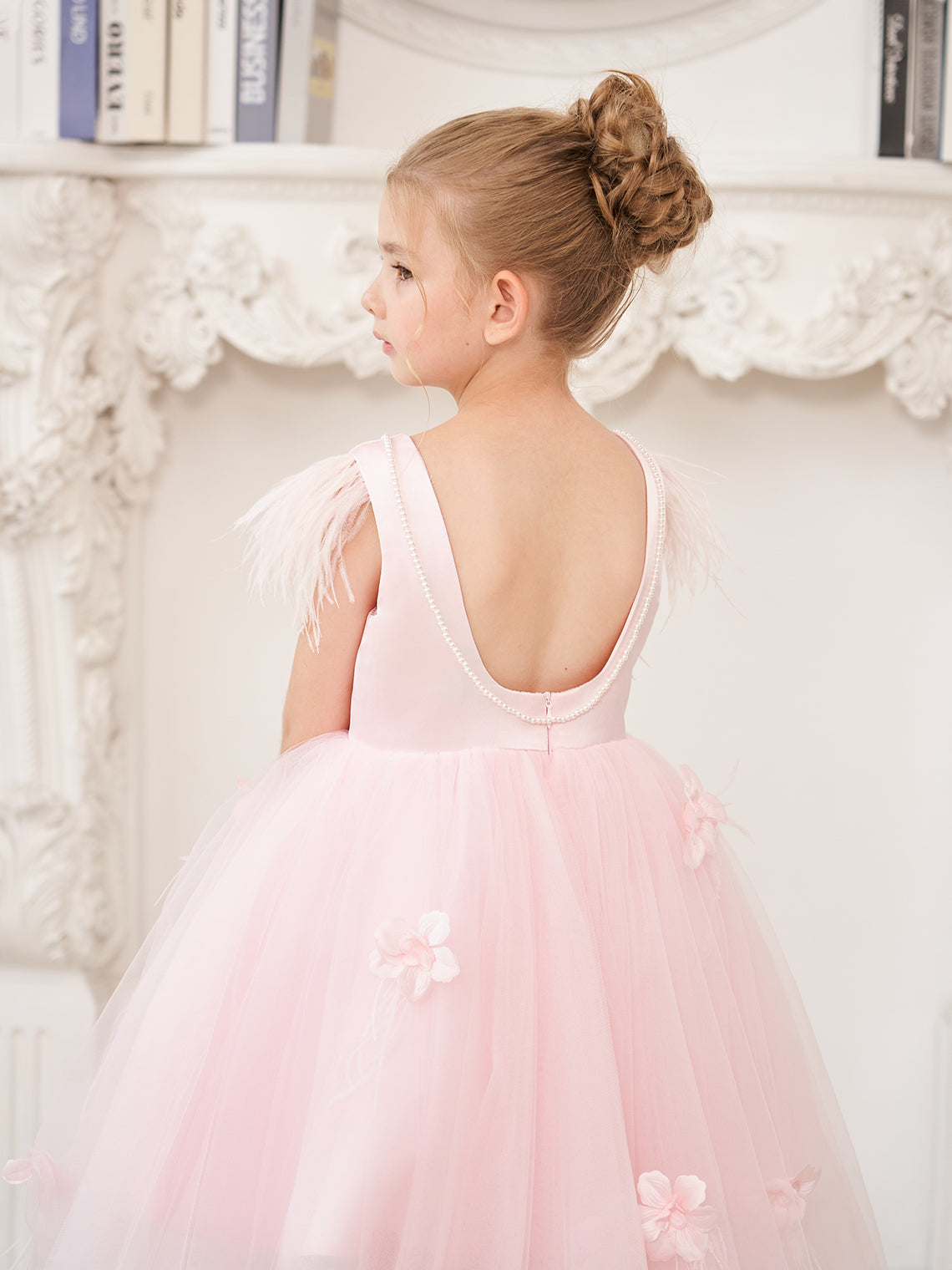 Princess Sleeveless Tulle Flower Girl Dress with Beading and Feather Bow (010224704)