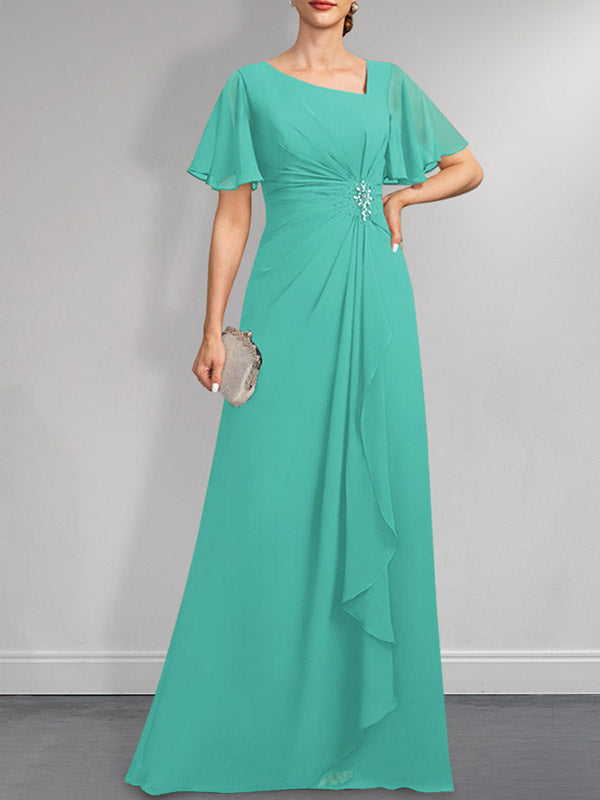 A-Linie, asymmetrisch, bodenlang, Chiffon, Kleid für die Brautmutter mit plissierten Perlen und Pailletten