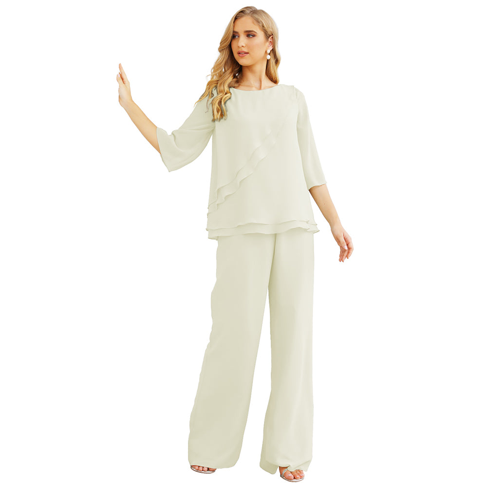 Sunnderly Chiffon Mother of The Bride Dress Plus Size Pant Suits Ruffle Layers