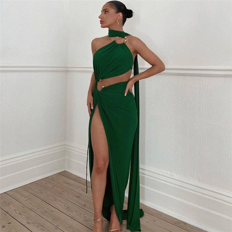 Fall Women Clothing Oblique Shoulder Sexy Cutout Design Evening Dress