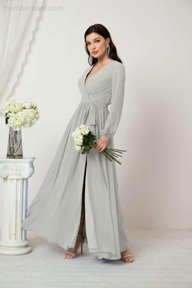 Sunnderly Evening Dresses Deep V-Neck Chiffon Bridesmaid Dresses Long Bishop Sleeve Side Split Formal Dress SY2806