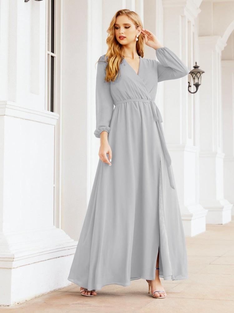 Sunnderly Damen Chiffon Brautjungfernkleid A-Linie Lange Ärmel Formales Abendkleid Ballkleid für Hochzeitsgäste SY28032