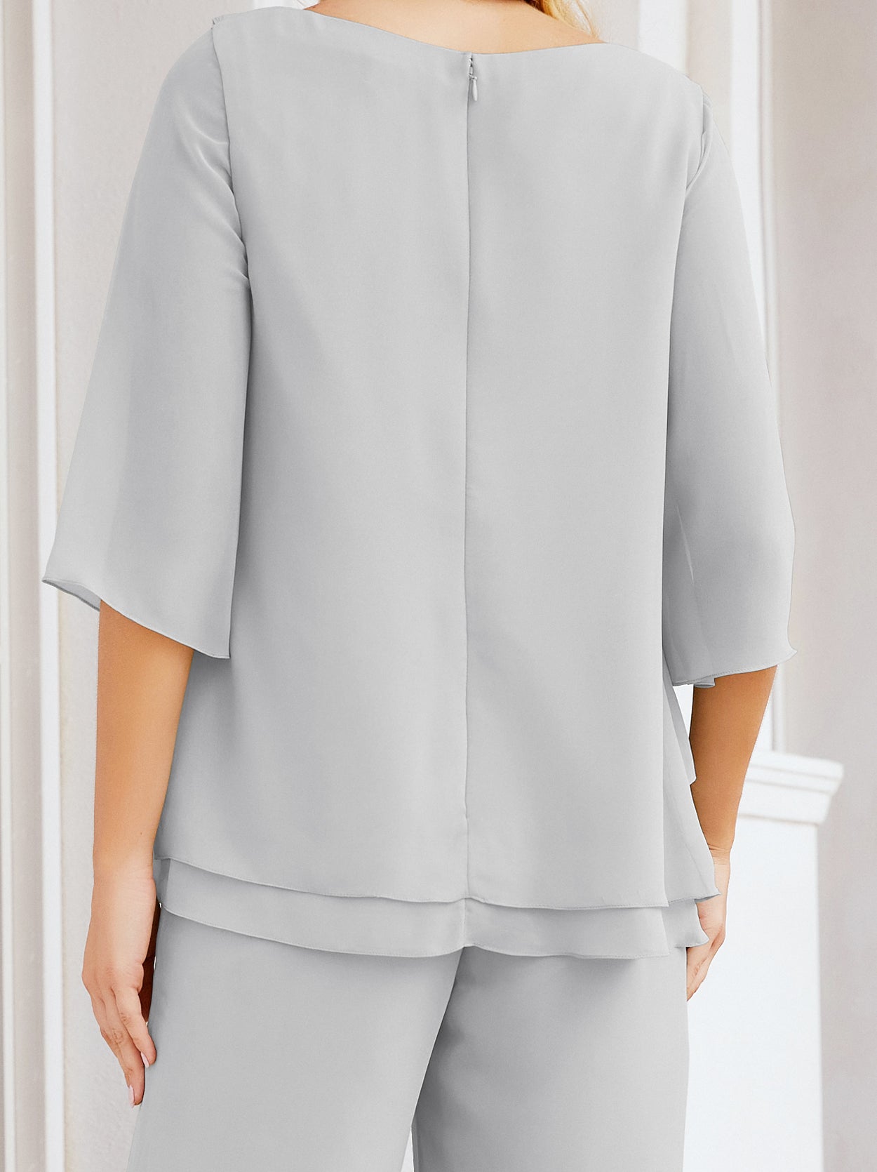 Sunnderly Elegant 2 Piece Mother of The Bride Dress Plus Size Pant Suits Ruffle Layers Sliver Housecoat SY28064