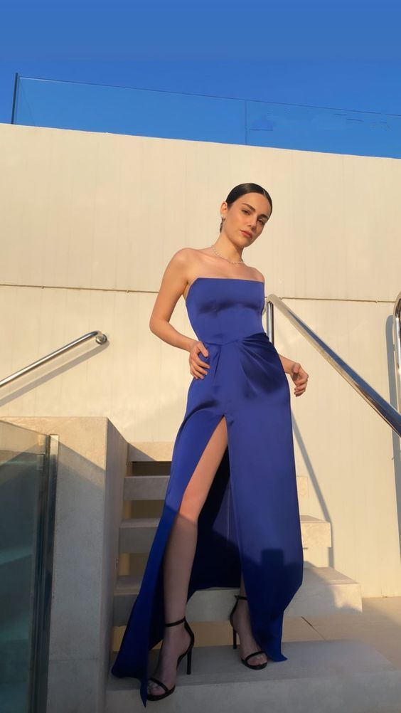 Sexy trägerloses Königsblaues Schlitz-Ballkleid Langes Abendkleid Y7642