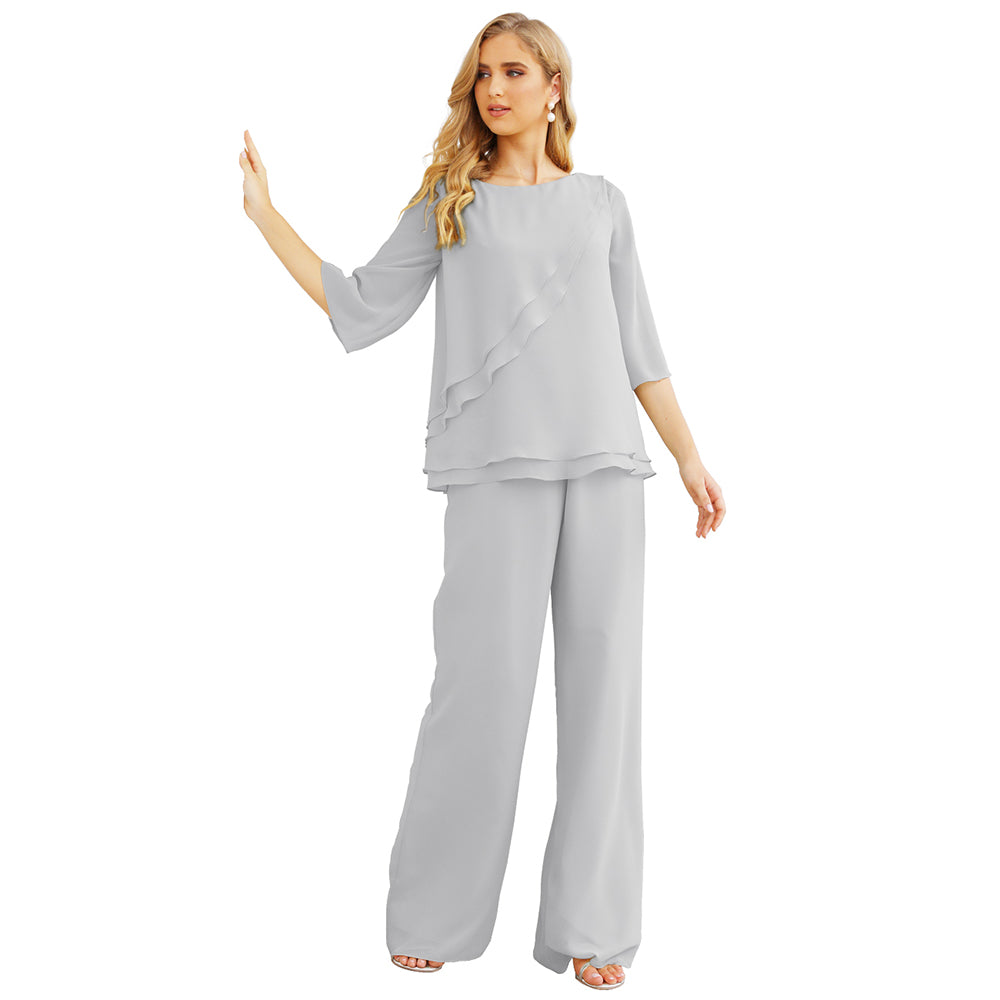 Sunnderly Chiffon Mother of The Bride Dress Plus Size Pant Suits Ruffle Layers
