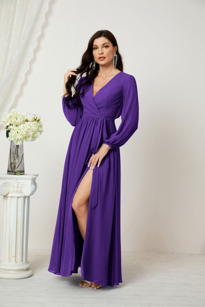Sunnderly Evening Dresses Deep V-Neck Chiffon Bridesmaid Dresses Long Bishop Sleeve Side Split Formal Dress SY2806