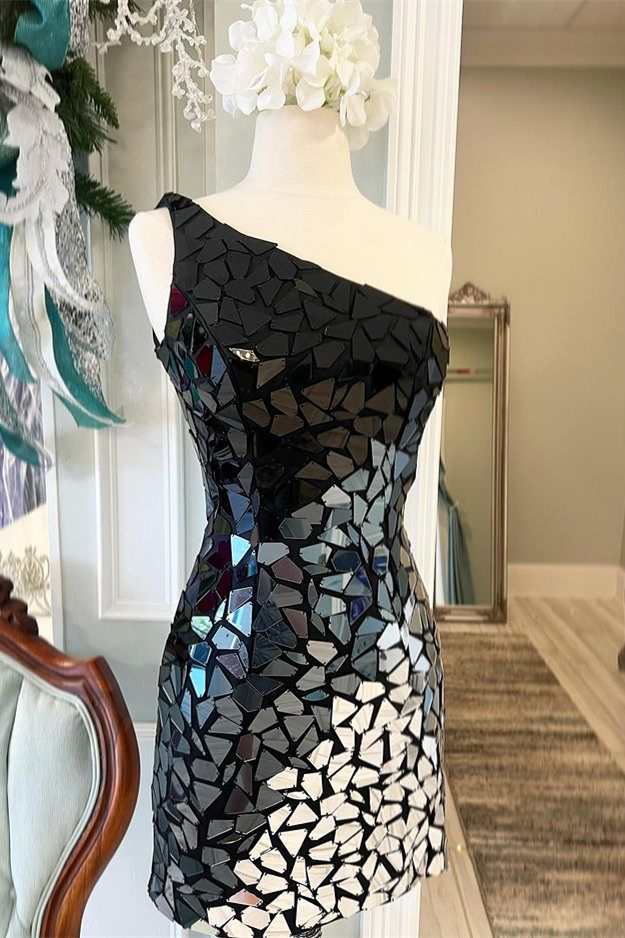 Gradient Cut Glass Mirror One-Shoulder Short Dress