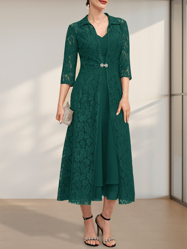 A-Linie V-Ausschnitt Wadenlanges Chiffonkleid für die Brautmutter