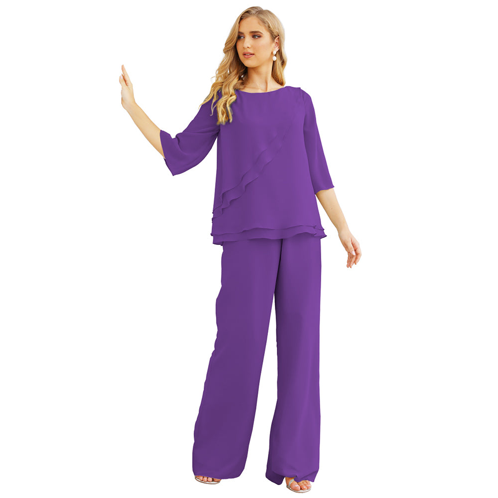 Sunnderly Chiffon Mother of The Bride Dress Plus Size Pant Suits Ruffle Layers