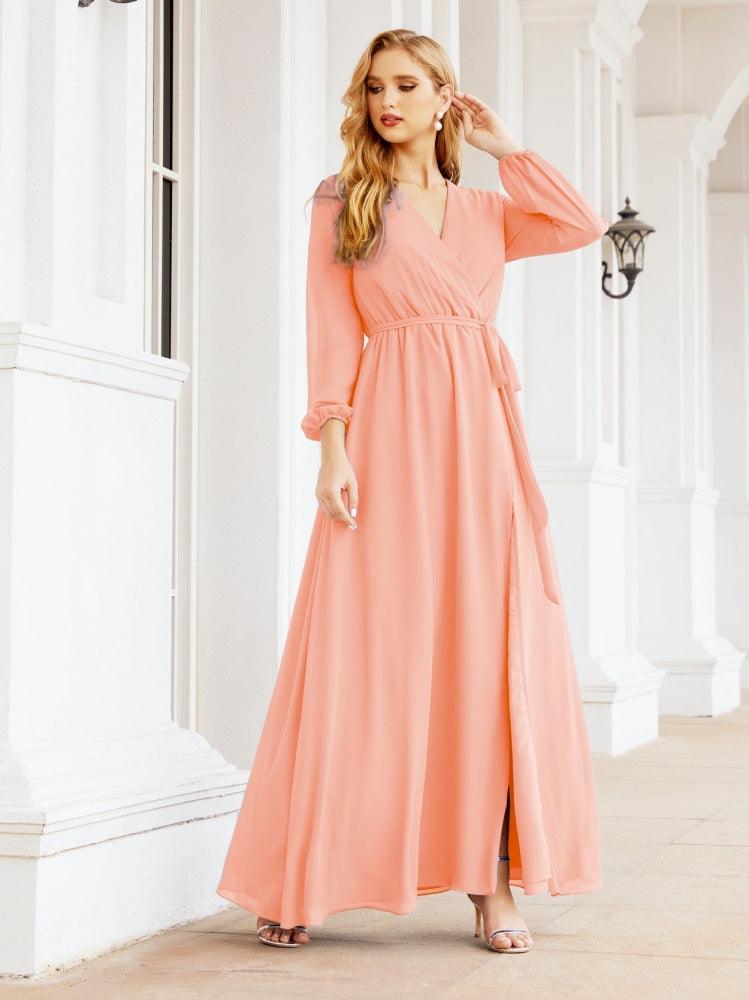 Sunnderly Women's Chiffon Bridesmaid Dress A line Long Sleeves Formal Evening Prom Gown for Wedding Guest SY28032