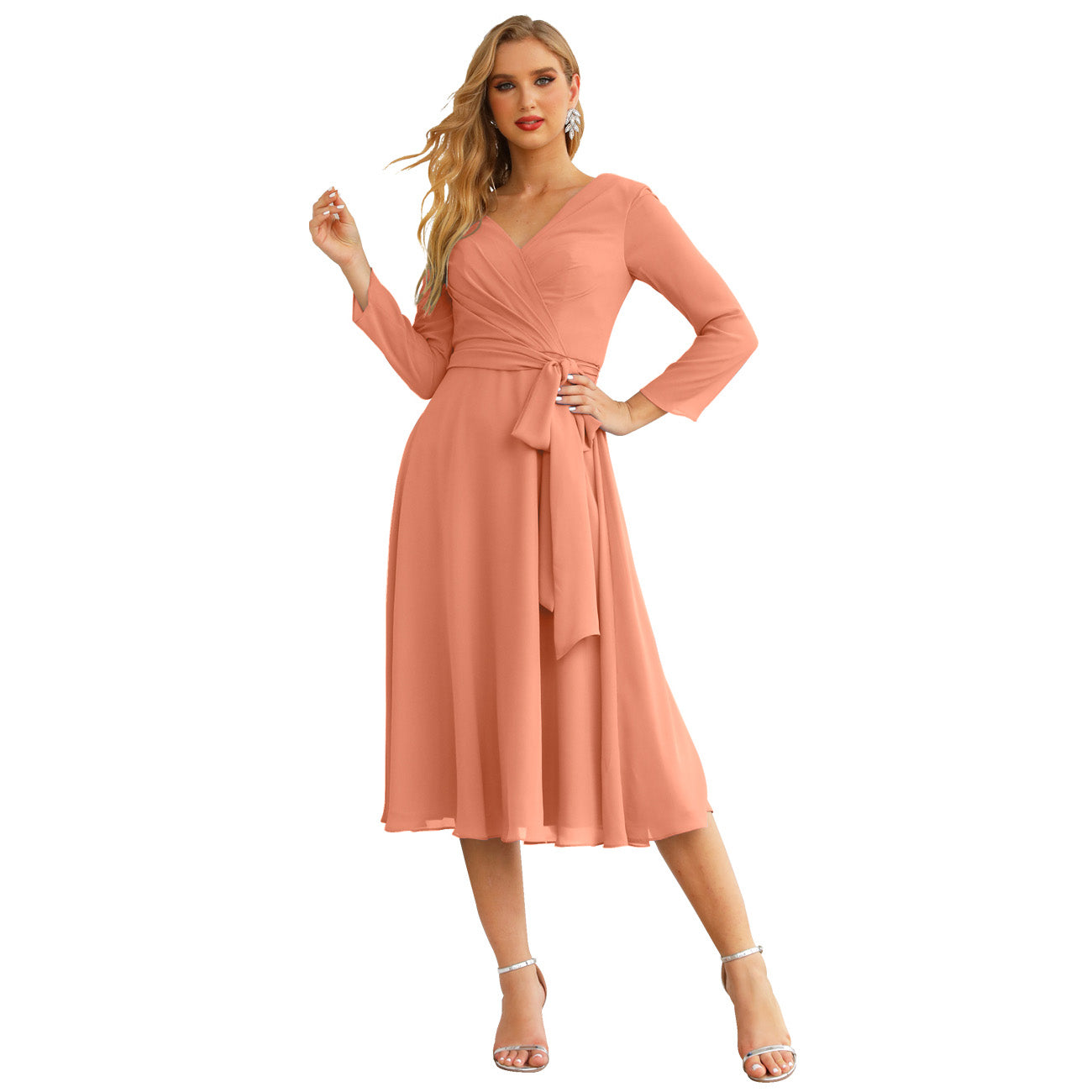 Sunnderly Chiffon Bridesmaid Dress V-Back Waist Belt Formal Prom Gown Mother of The Bride Wedding Guest