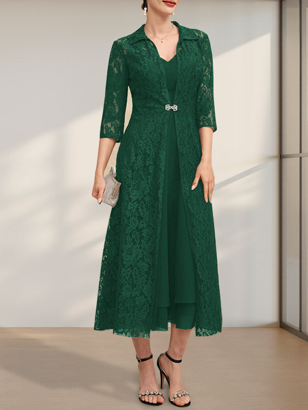 A-Linie V-Ausschnitt Wadenlanges Chiffonkleid für die Brautmutter
