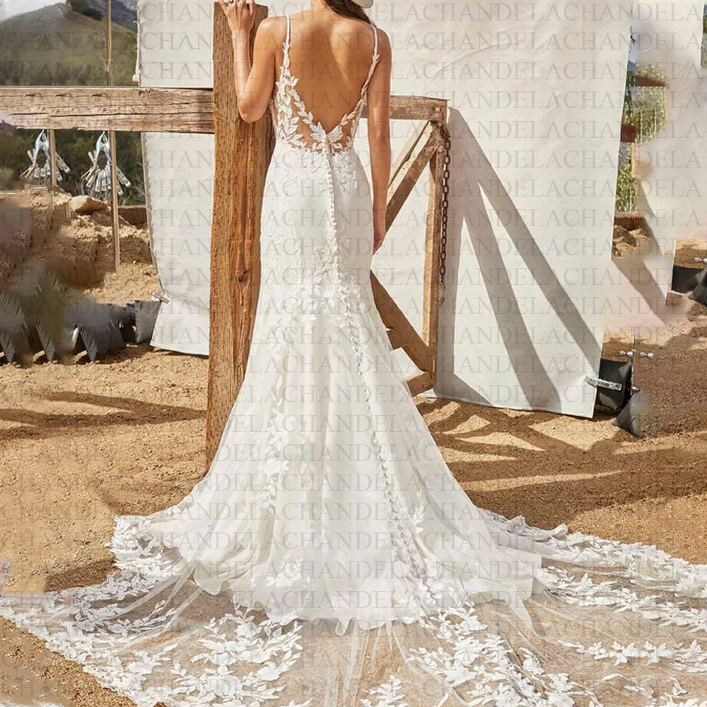 Spaghetti Strap Mermaid Wedding Dresses For Bride Satin V-Neck Appliques Backless Sleeveless Customised Robe De Mariée-payinti