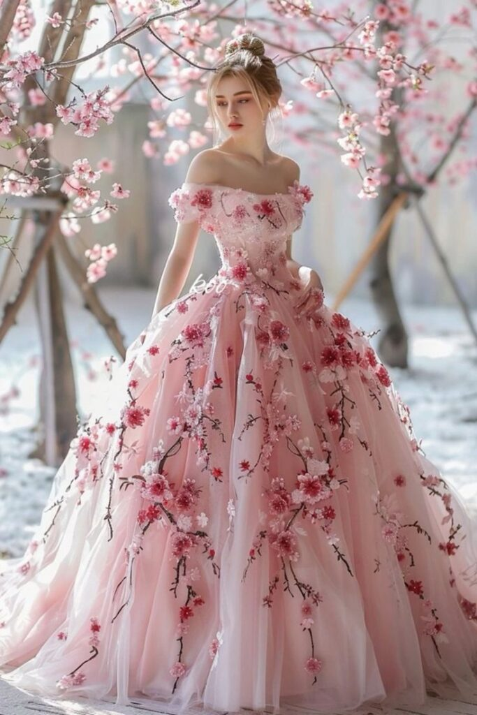 Vestido de fiesta elegante de tul con hombros descubiertos y flores 3D, corte A, color rosa, Y8364