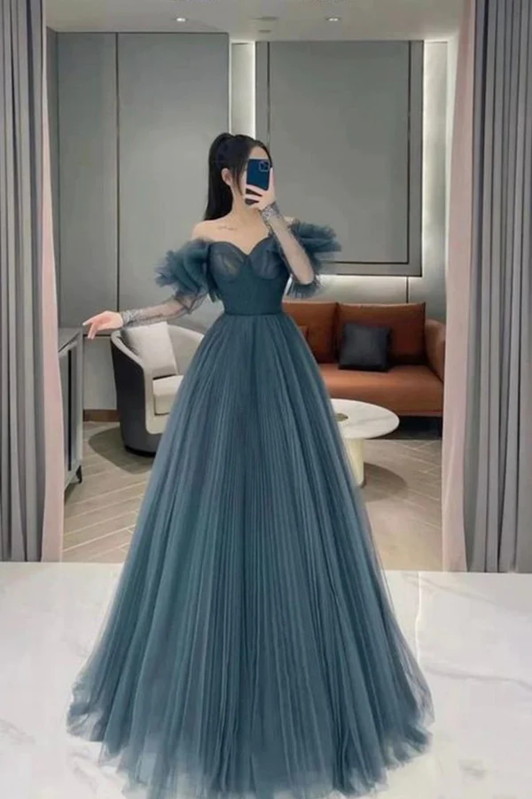 Blaues langes Ballkleid aus Tüll in A-Linie, Abendkleid Y190