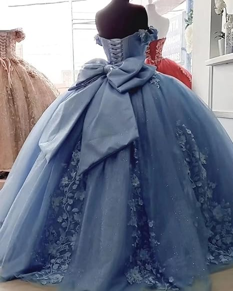 Vestido de quinceañera con apliques de encaje y flores, con lazo grande y hombros descubiertos, para fiesta de 16 años, Y4263