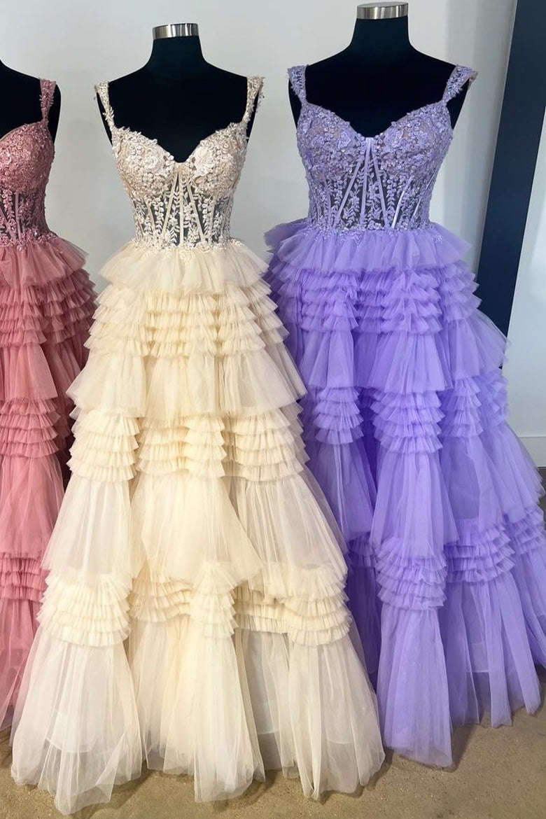 Tulle Off-the-Shoulder Ruffle Tiered Long Prom Dress