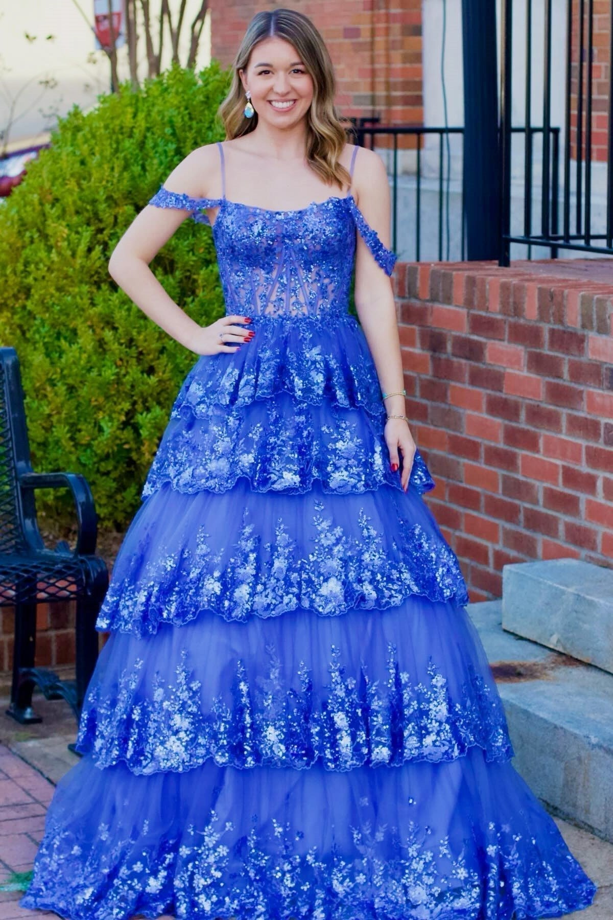 Tulle Sequin Cold-Shoulder Ruffle Tiered Long Prom Dress